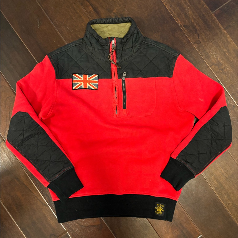 Polo Ralph Lauren men’s mock neck zip up sweater medium, red with black quilted